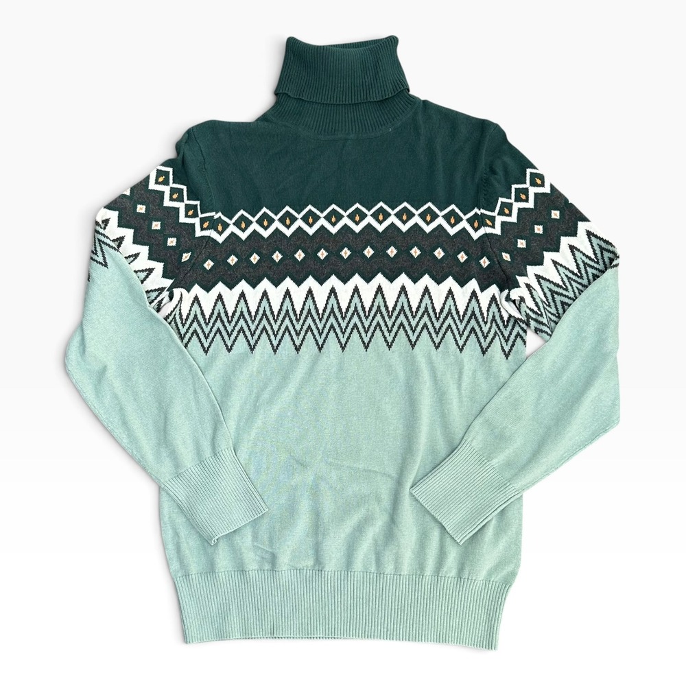 L.L.Bean Fair Isle Cotton Cashmere Turtleneck Sweater Green Medium NEW! $60